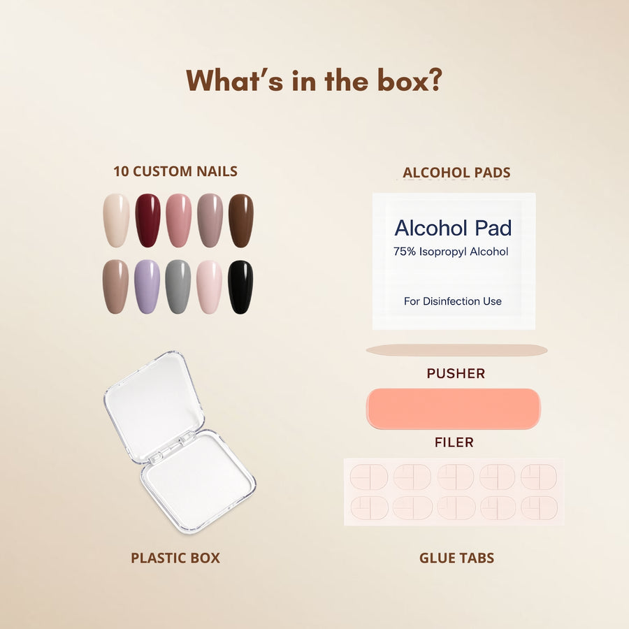 Adore Nails press-on nail kit contents — 10 custom soft gel nails, alcohol pad, cuticle pusher, nail filer, glue tabs, and clear plastic storage case.